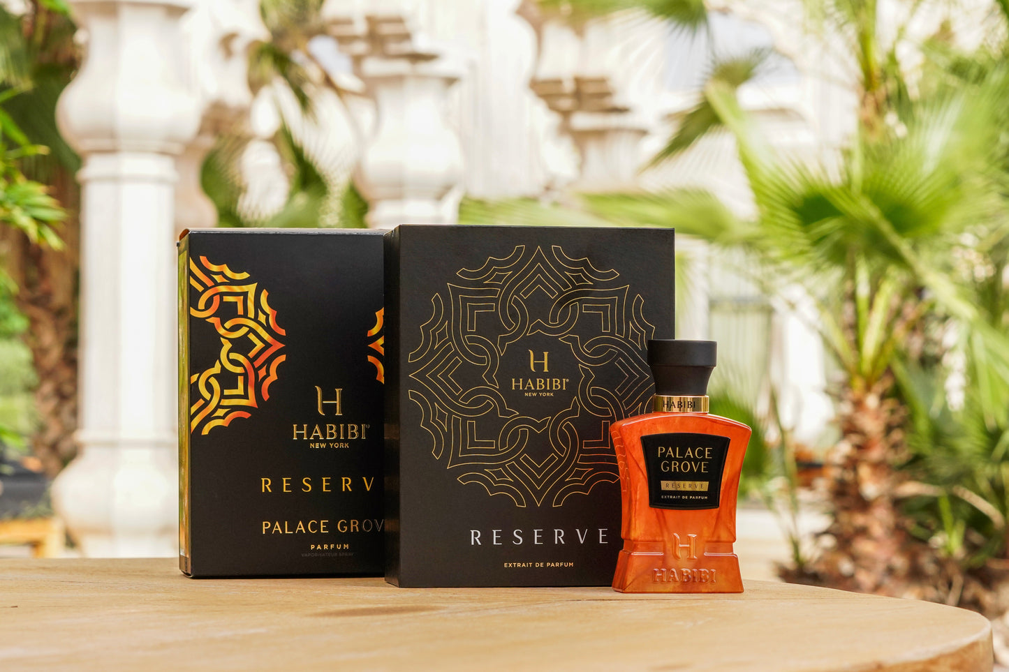Palace Grove fragrance by Habibi New York; A luxurious scent in a brown bottle, accompanied by two sleek black boxes.