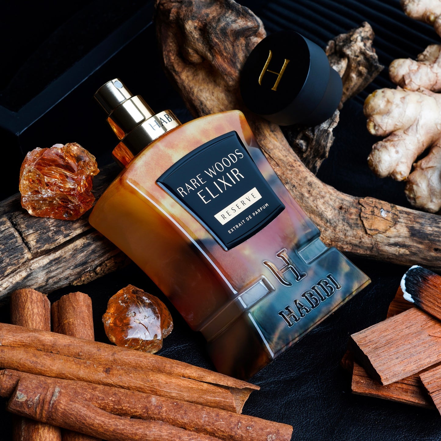 Rare woods fragrance with brown bottle
