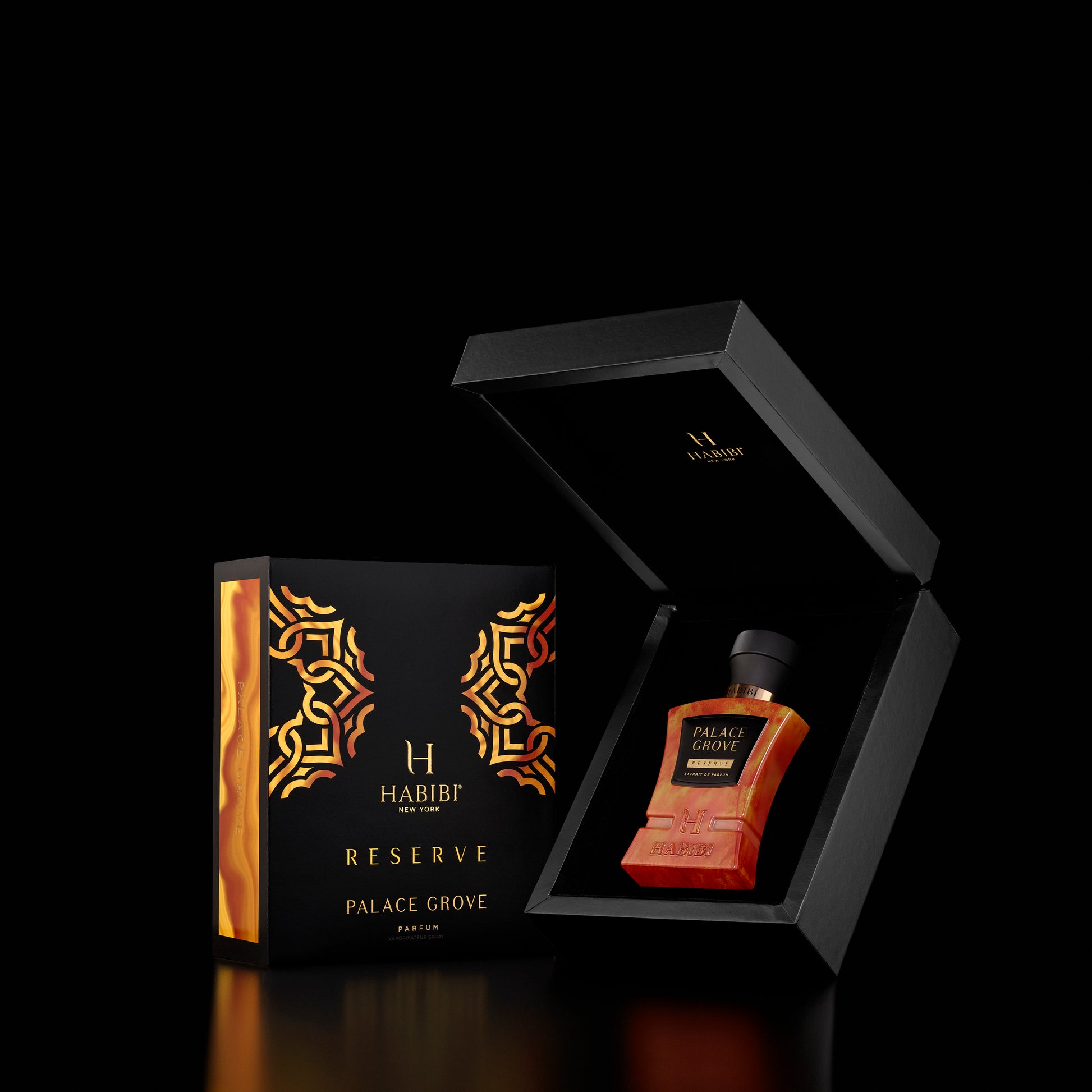 Palace Grove fragrance by Habibi New York in a sleek brown bottle, elegantly packaged in a black box for a sophisticated look.