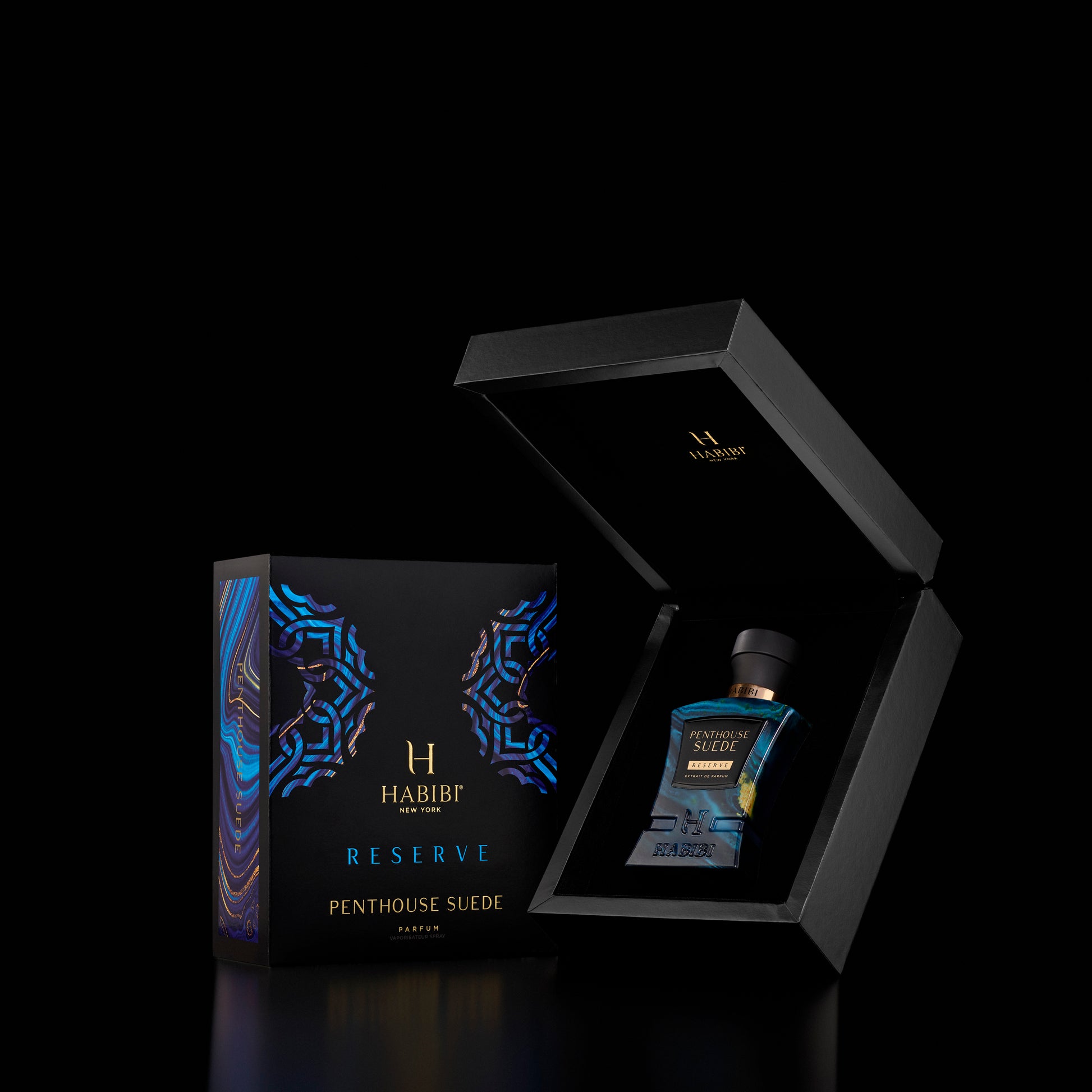 Penthouse Suede scents: A luxurious fragrance in a blue bottle, presented in a sleek black box for a sophisticated touch
