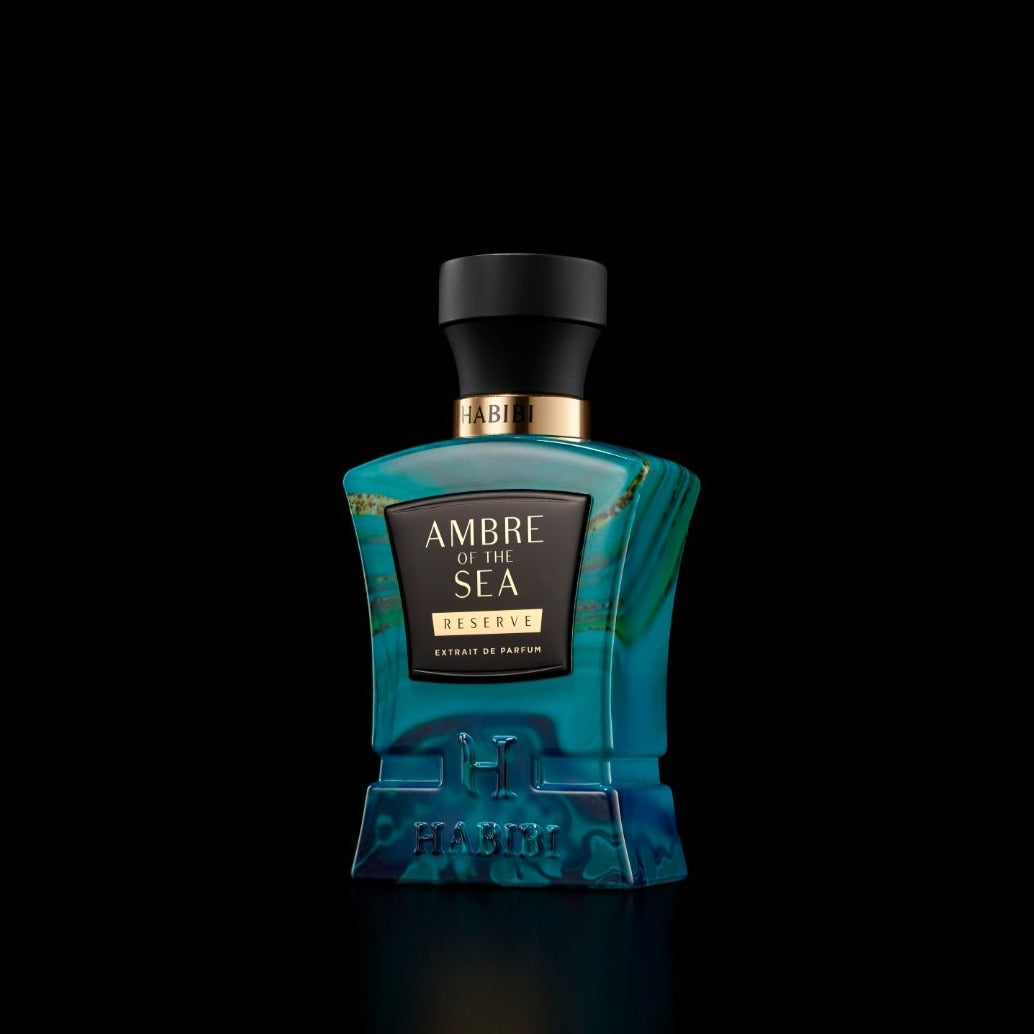 Ambre of the Sea cologne in  an elegant blue bottle by Habibi New York.