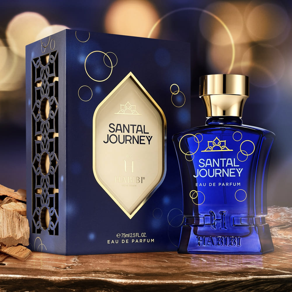 Blue Santal Journey fragrance bottle by Habibi New York with matching packaging box.