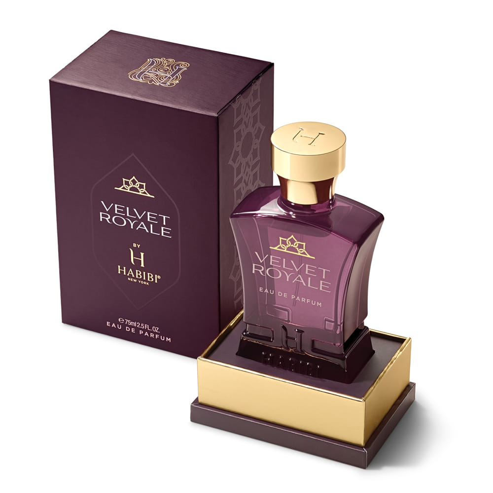 Velvet Royale cologne by Habibi New York in a purple bottle with its matching packaging box.