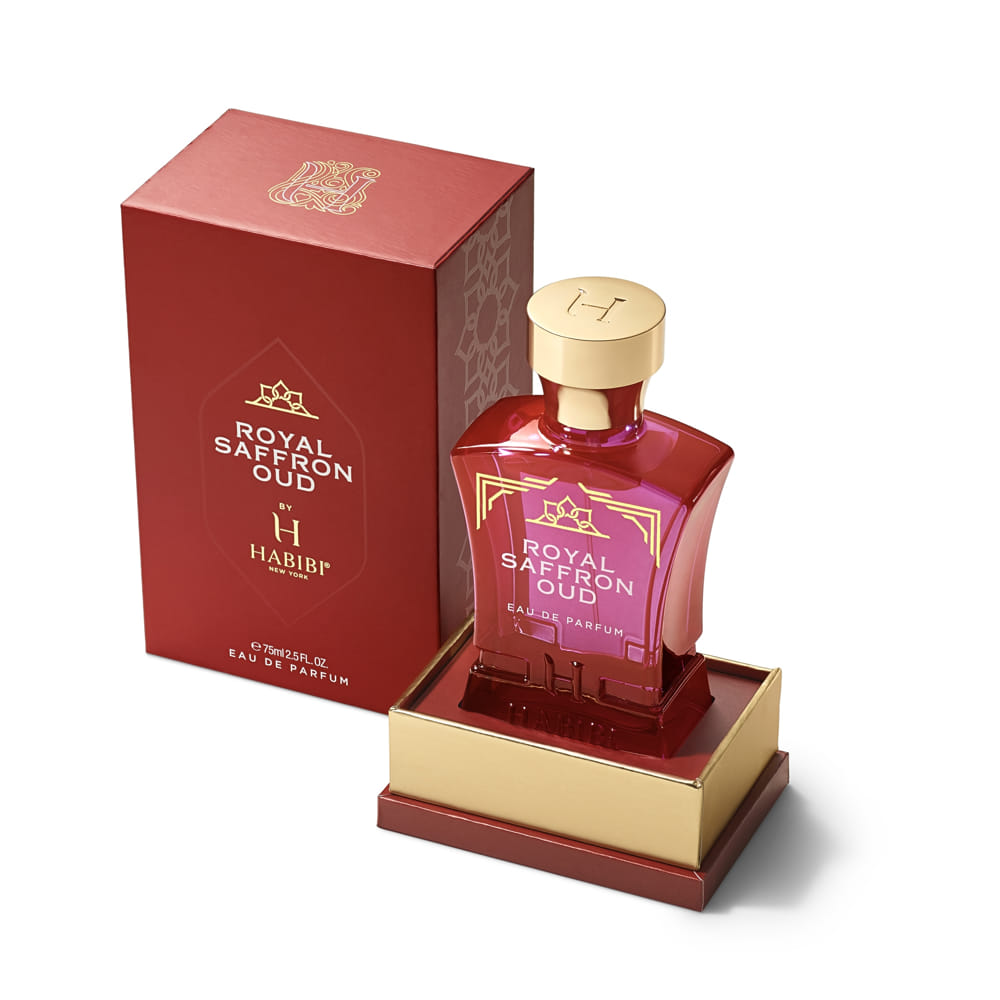 Royal Saffron Oud cologne by Habibi New York in a red bottle with elegant packaging box.