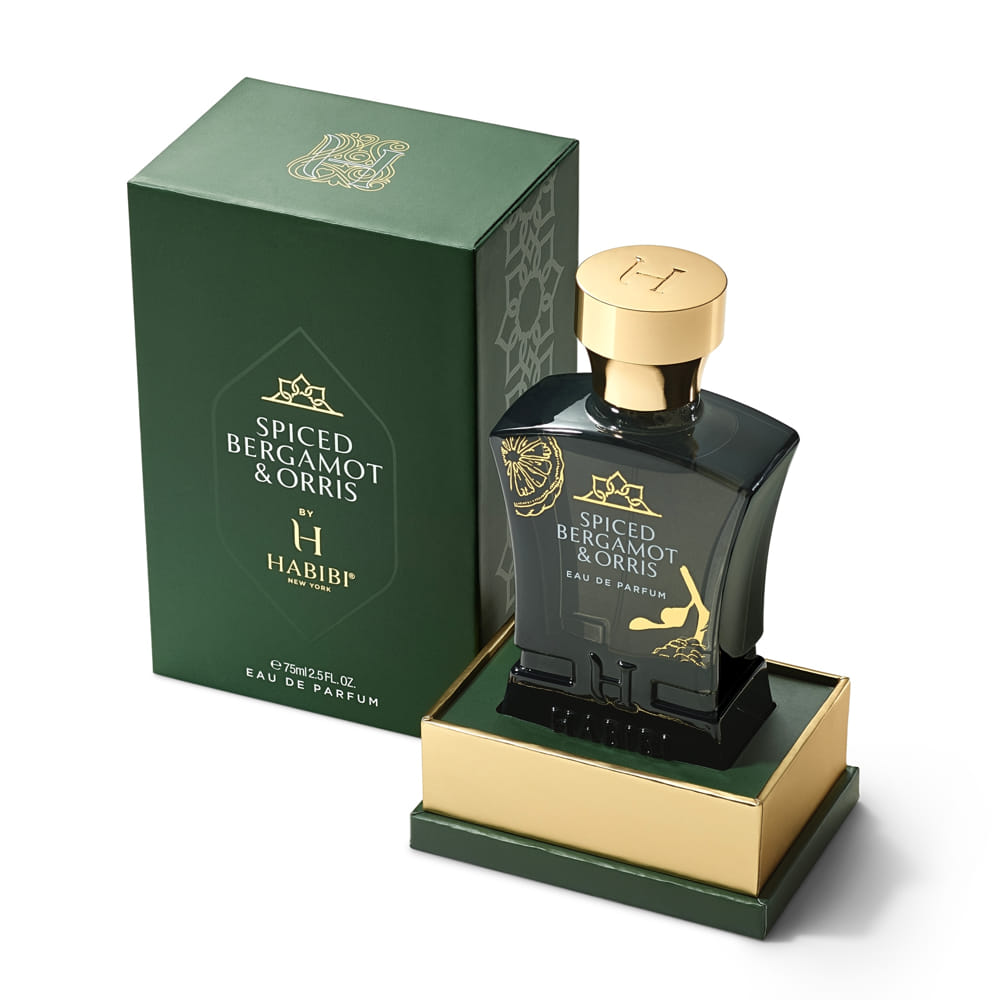 Dark green scents bottle of Spiced Bergamot & Orris by Habibi NY, showcased against a simple background