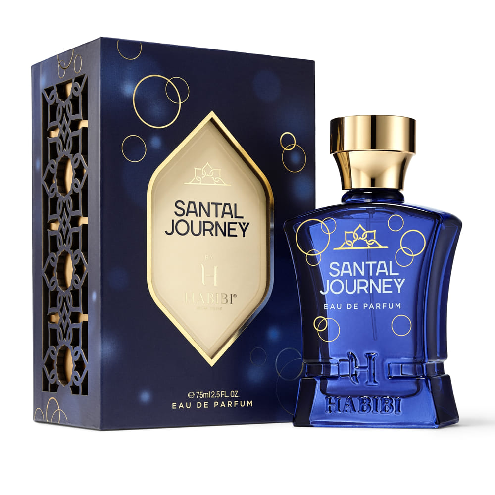 Blue fragrance bottle of Santal Journey by Habibi New York set against a clean background.