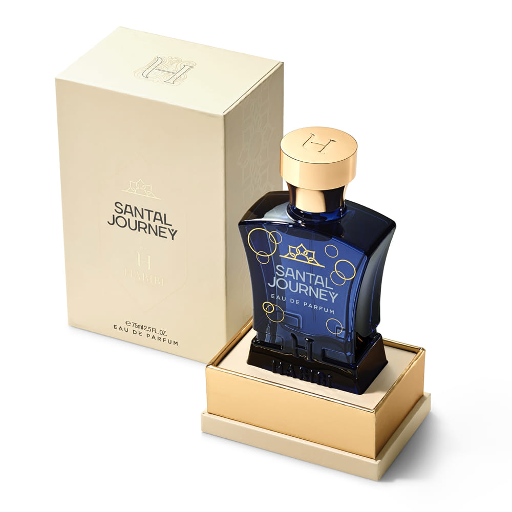 Blue Santal Journey Scent bottle with white box by Habibi New York.