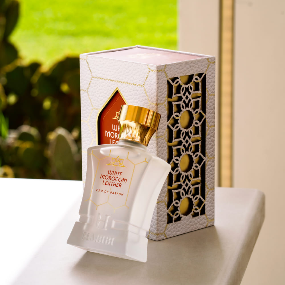 White Moroccan Leather cologne box and white bottlle by habibi new york
