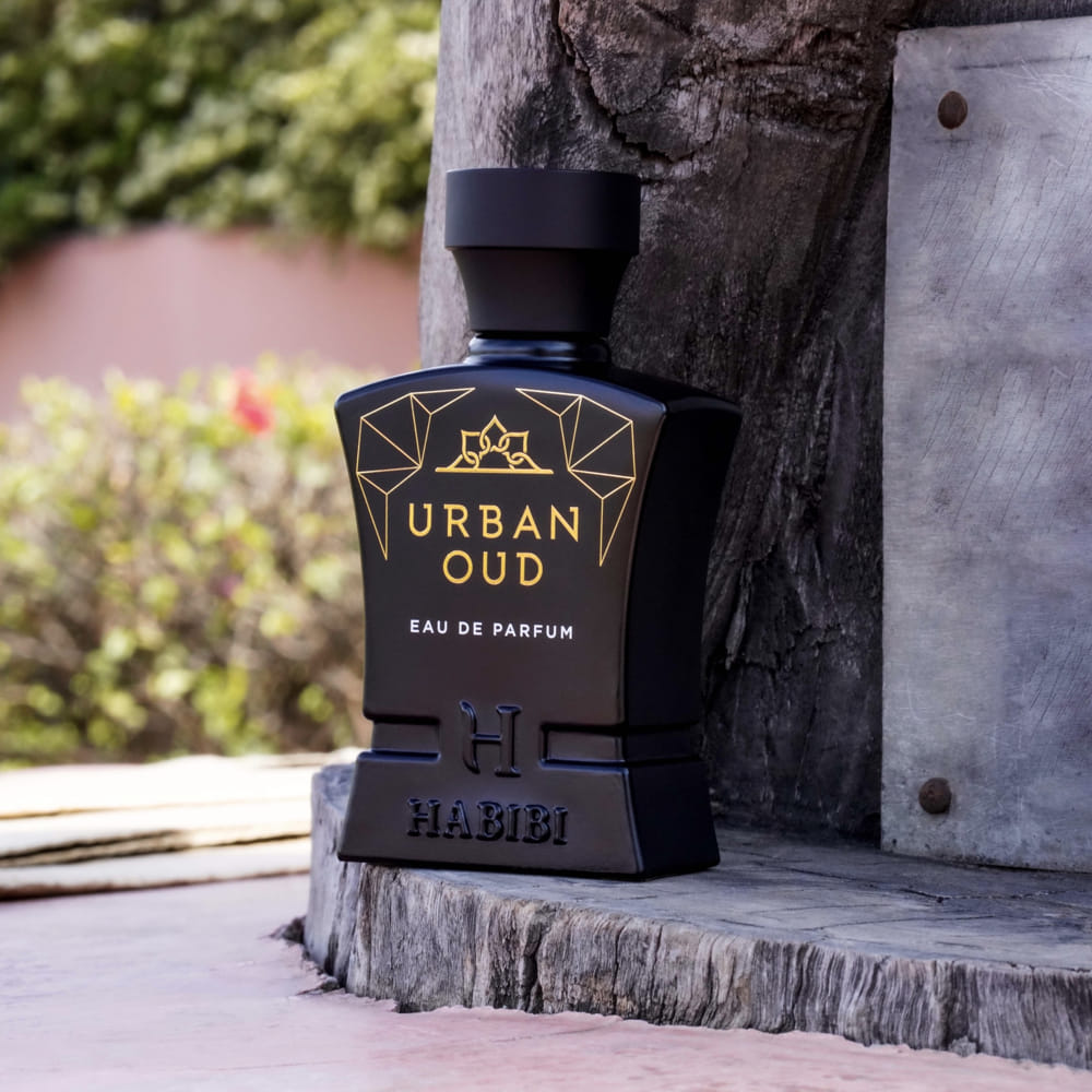 A sleek black bottle of Urban Oud perfume by Habibi NY.