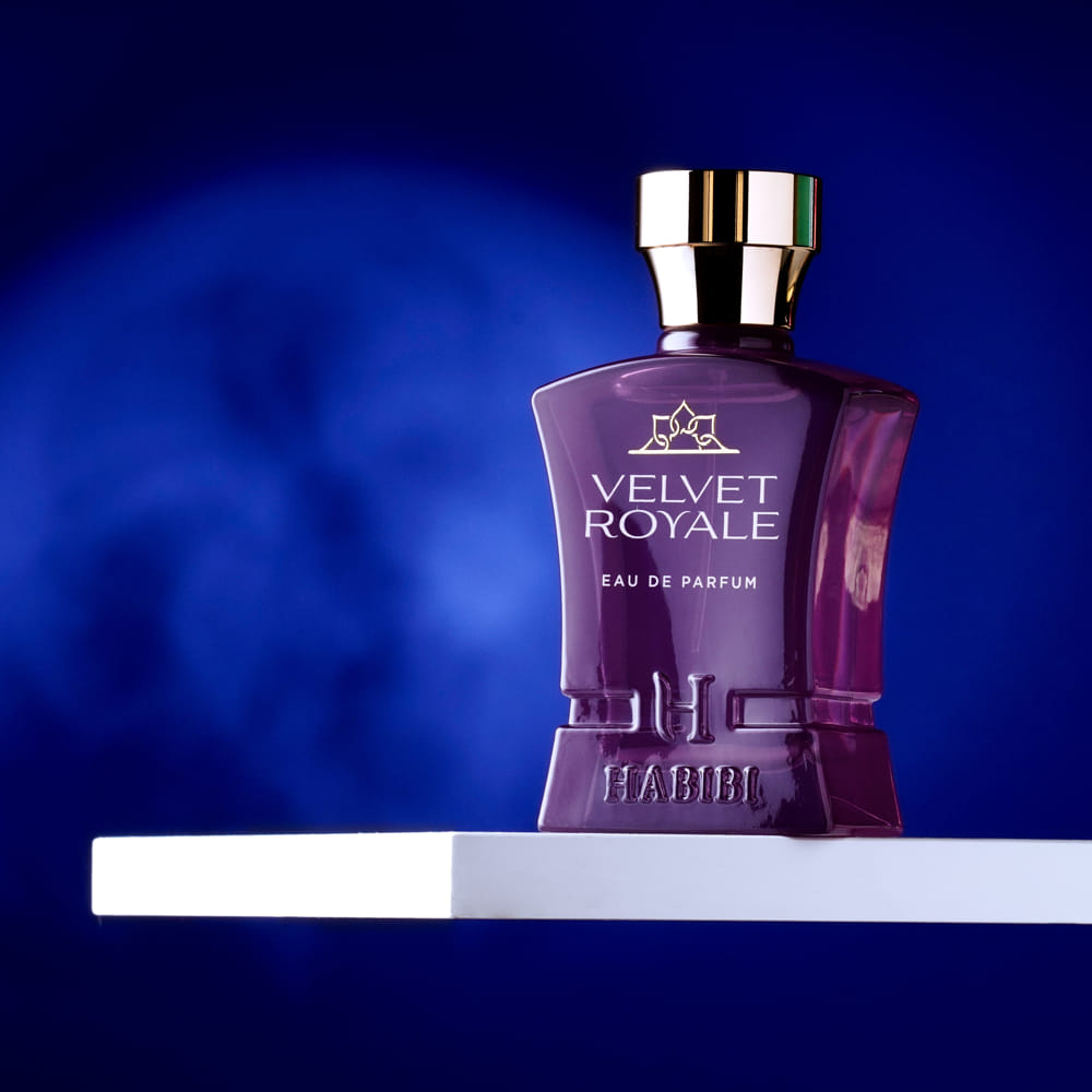 Velvet Royale perfume by Habibi New York in a purple bottle.