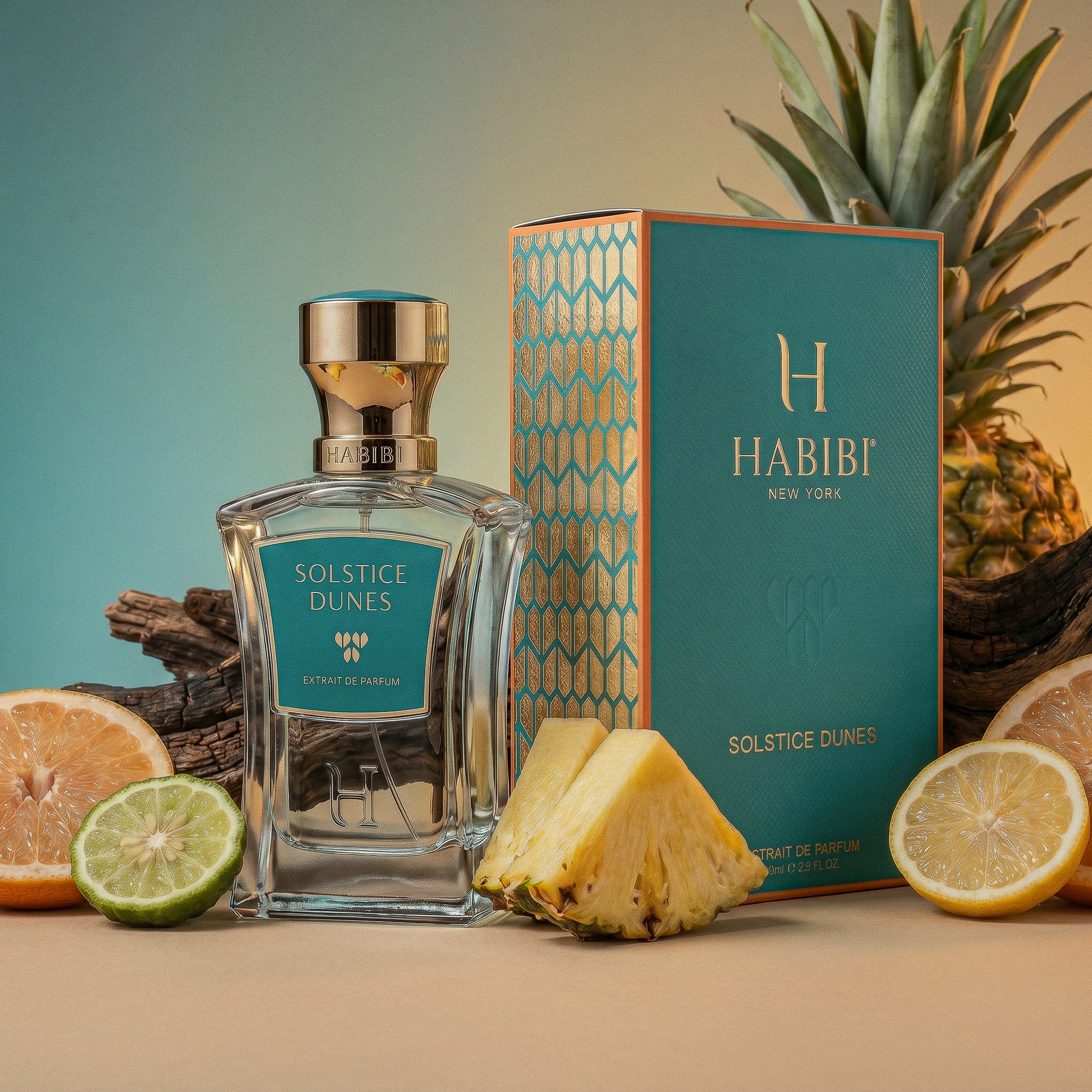 Solstice Dunes bottle with teal and gold Art Deco gift box — Habibi New York Extrait de Parfum