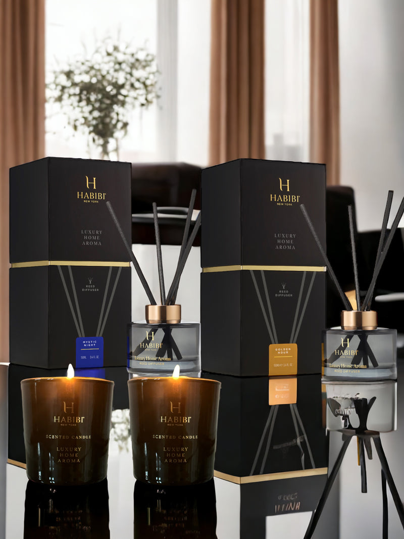 Perfect gift for the home with two luxurious scented reed diffusers and two beautifully crafted candles.