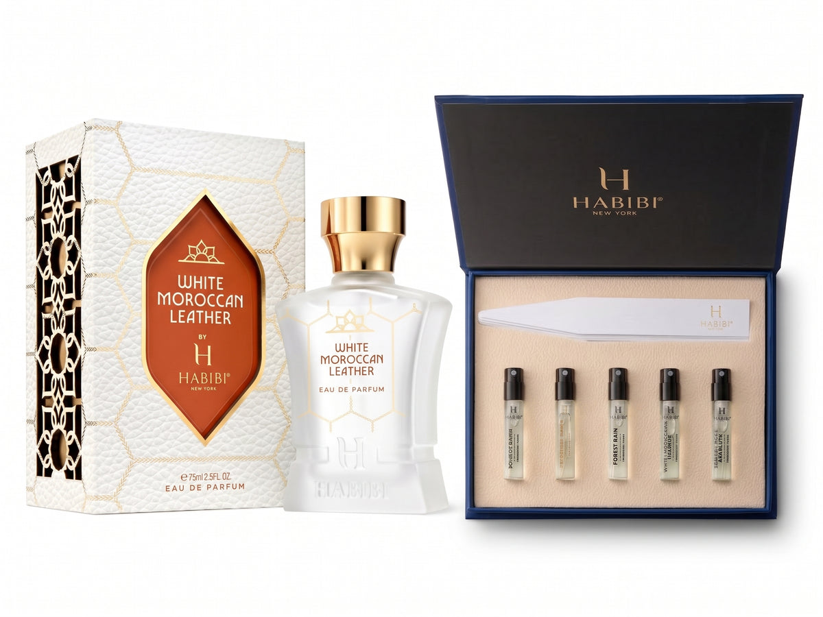 White Moroccan Leather 75ml Extrait de Parfum with the Men's Discovery Set of five 2ml scents — Habibi New York