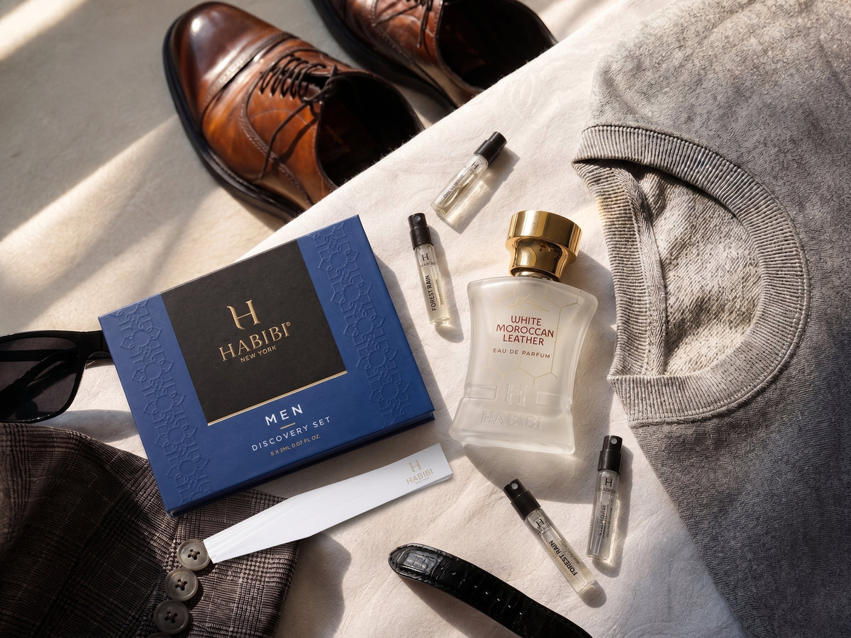 White Moroccan Leather 75ml Extrait de Parfum with the Men's Discovery Set of five 2ml scents — Habibi New York