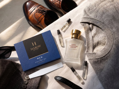 White Moroccan Leather 75ml Extrait de Parfum with the Men's Discovery Set of five 2ml scents — Habibi New York