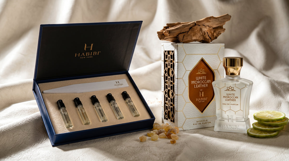 White Moroccan Leather 75ml Extrait de Parfum with the Men's Discovery Set of five 2ml scents — Habibi New York