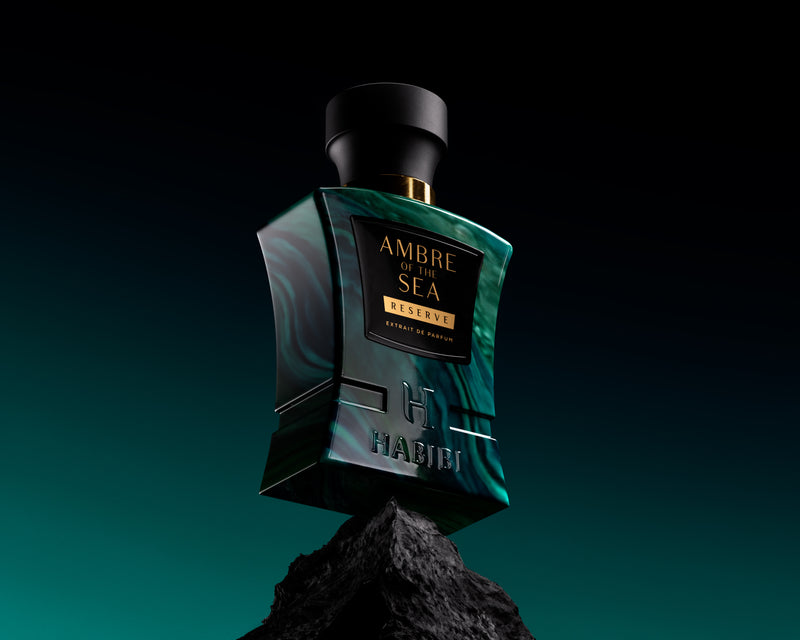 Ambre of the Sea cologne in an elegant blue bottle by Habibi New York.