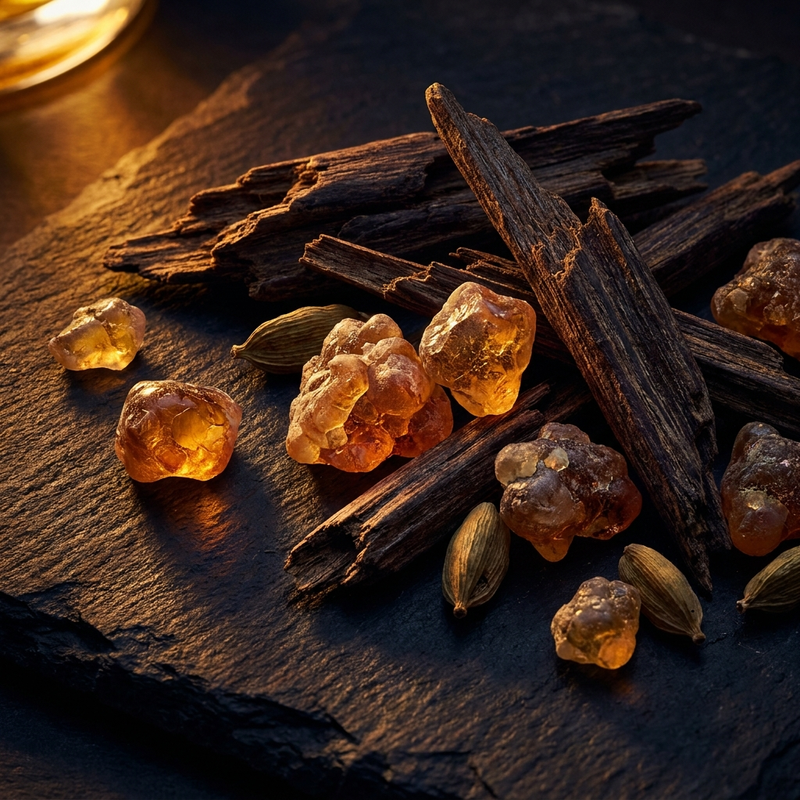 Oud wood and amber resin — ingredient still