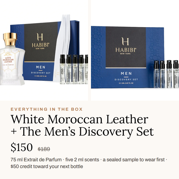 Everything in the box: the 75ml bottle, the Discovery Set and the $150 price — White Moroccan Leather 75ml Extrait de Parfum with the Men's Discovery Set of five 2ml scents — Habibi New York