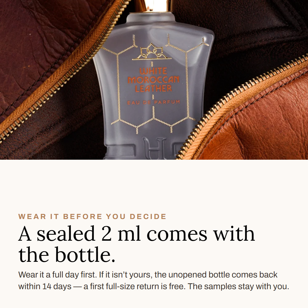 A sealed 2ml sample comes with the bottle — wear it first, 14-day unopened return — White Moroccan Leather 75ml Extrait de Parfum with the Men's Discovery Set of five 2ml scents — Habibi New York