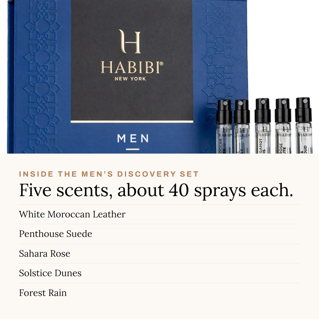 The five 2ml scents inside the Discovery Set — White Moroccan Leather 75ml Extrait de Parfum with the Men's Discovery Set of five 2ml scents — Habibi New York