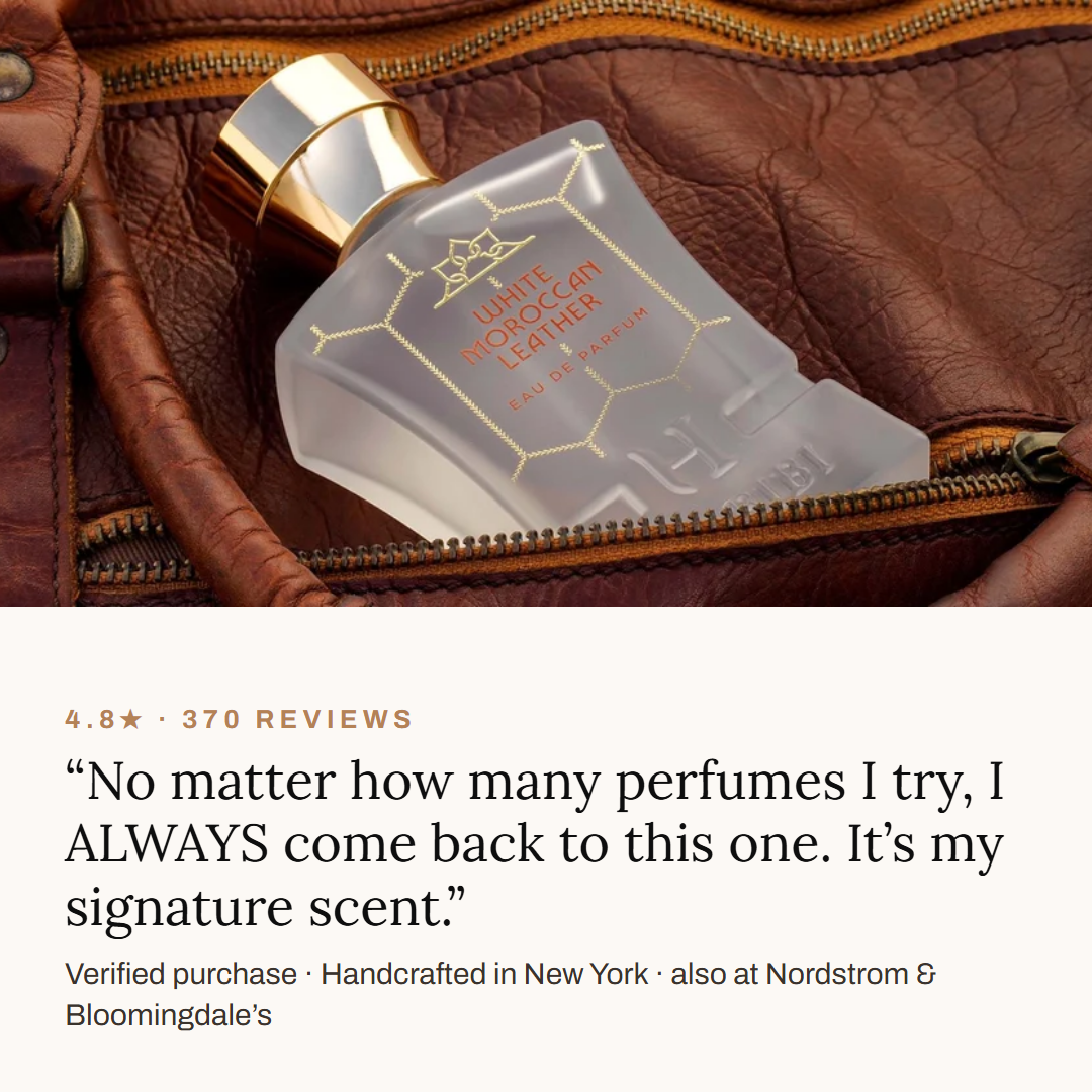 Verified review and rating — White Moroccan Leather 75ml Extrait de Parfum with the Men's Discovery Set of five 2ml scents — Habibi New York