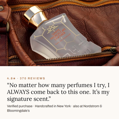 Verified review and rating — White Moroccan Leather 75ml Extrait de Parfum with the Men's Discovery Set of five 2ml scents — Habibi New York