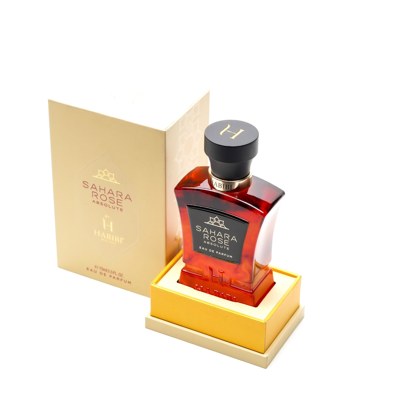 Sahara Rose perfume by Habibi New York comes in a stunning red bottle with gold accents.