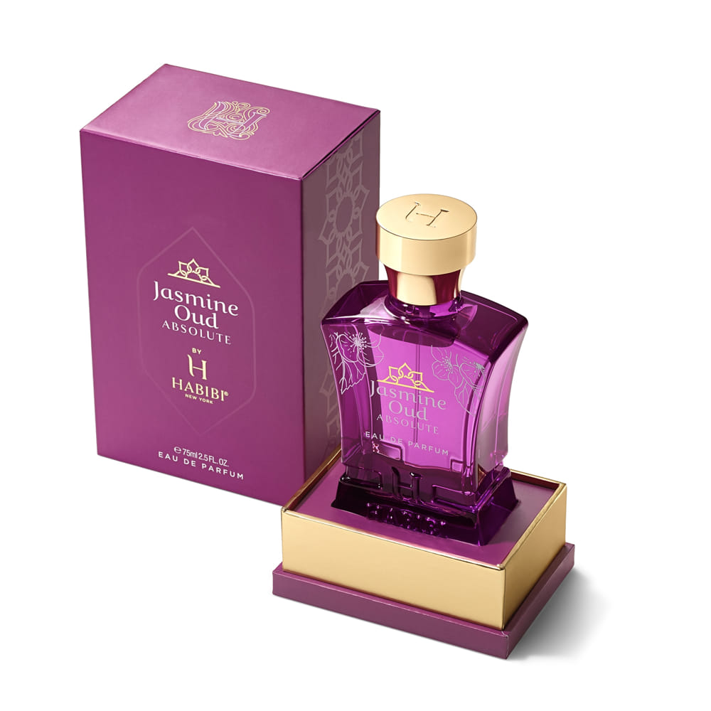 Jasmine Oud Absolute by Habibi NY in a purple sleek bottle with matching packaging box.