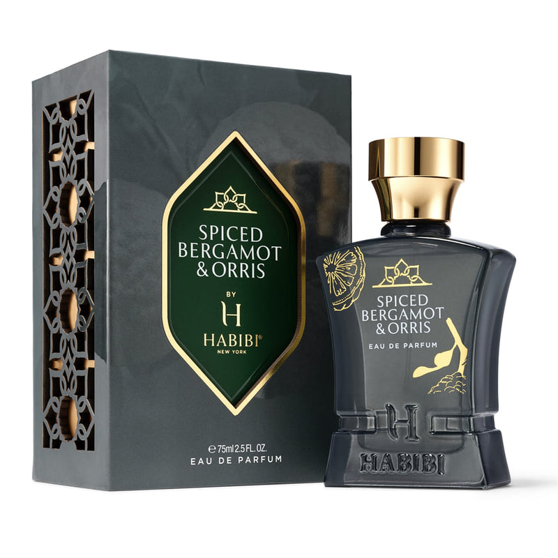 Elegant dark green fragrance bottle with a sleek design, featuring Spiced Bergamot & Orris by Habibi NY, set against a clean background