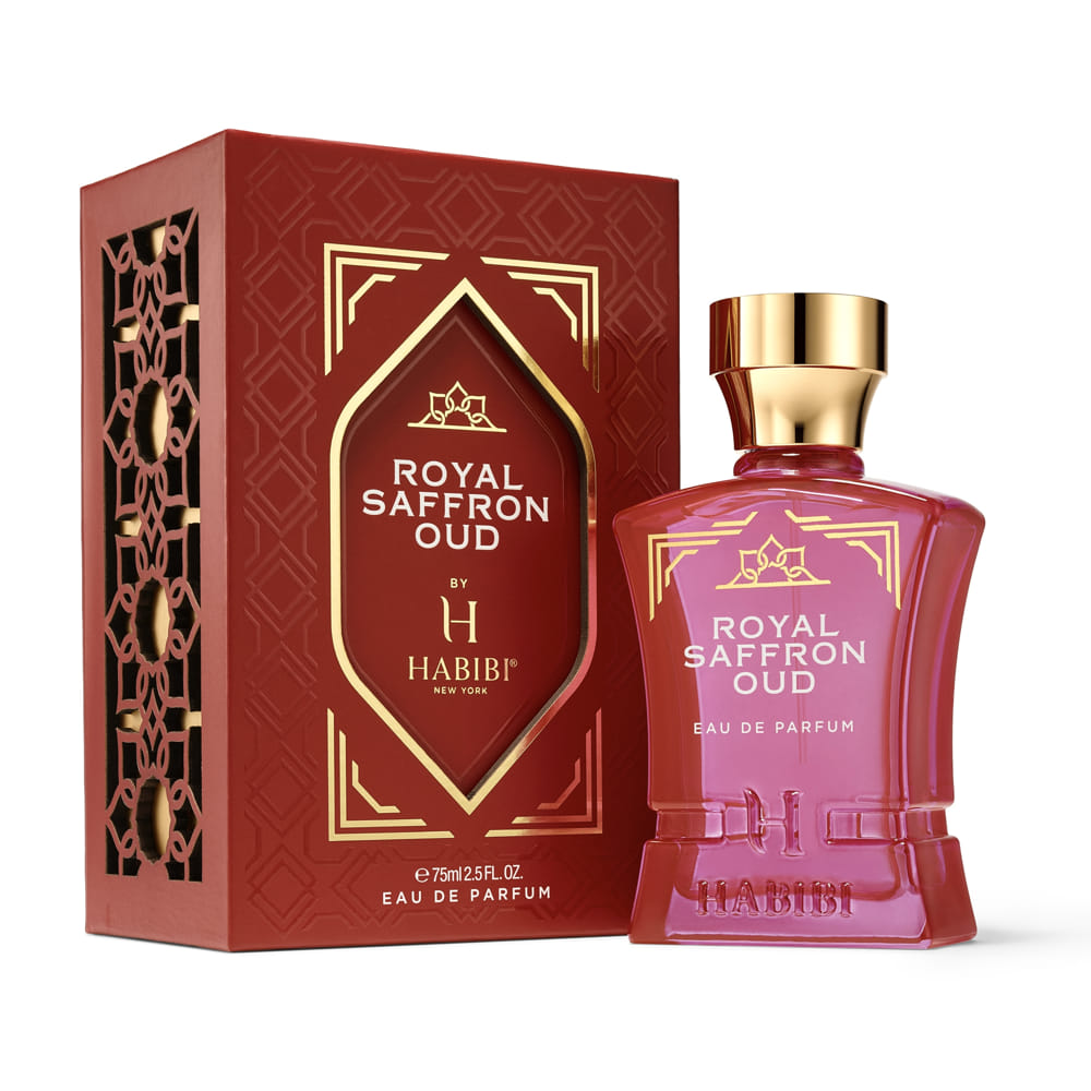 Royal Saffron Oud perfume by Habibi New York in a red bottle with matching packaging box.