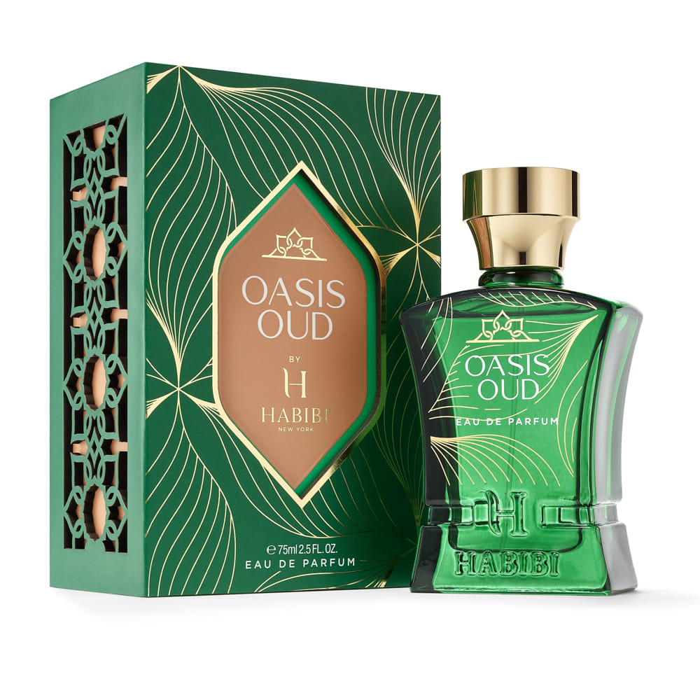 Green perfume bottle of Oasis Oud by Habibi New York with matching packaging.