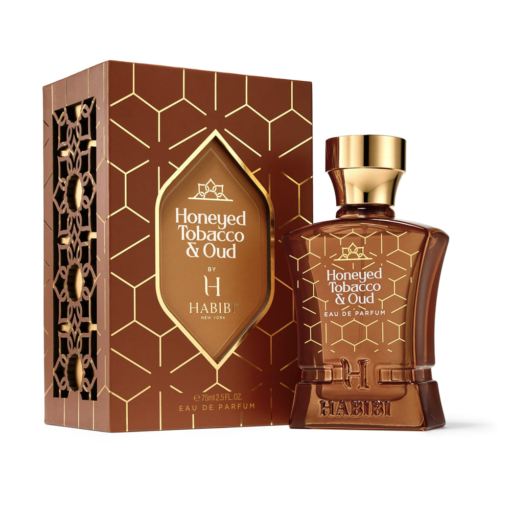 A luxurious brown bottle of Honeyed Tobacco & Oud by Habibi NY, elegantly designed, radiating warmth and sophistication