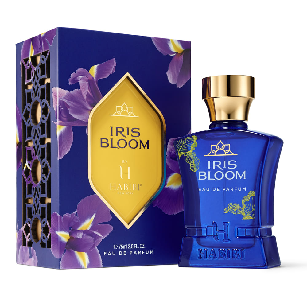 Iris bloom Perfume by Habibi New York in a blue bottle with matching packaging box.