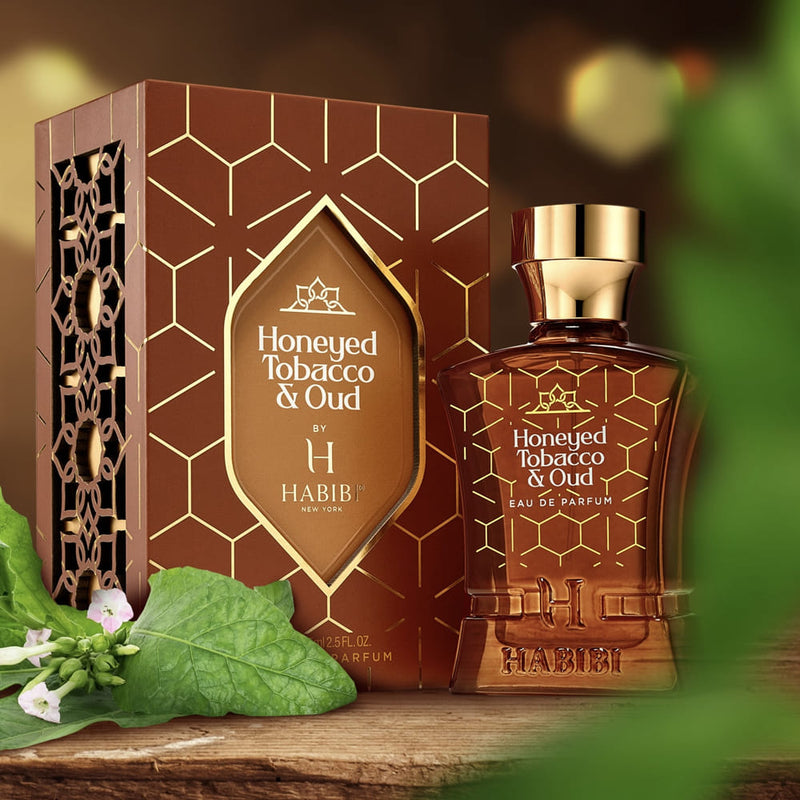 A luxurious brown scent bottle with box of Honeyed Tobacco & Oud by Habibi NY, elegantly designed, radiating warmth and sophistication.