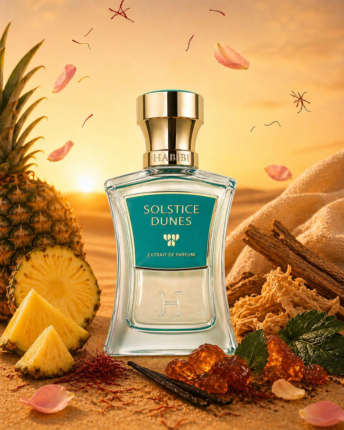 Solstice Dunes Extrait de Parfum at golden hour in the dunes
